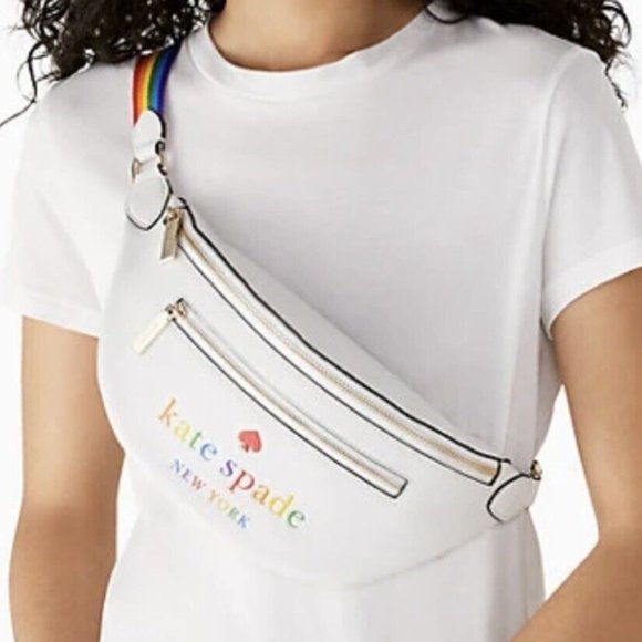 MAKE AN OFFER Kate Spade Pride Rainbow Signature Leila Pebbled Leather white